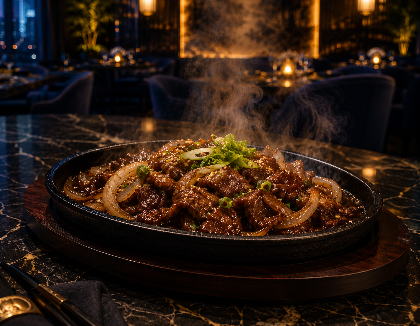 Signature sizzling beef yang disajikan di Sizzle Asian Food