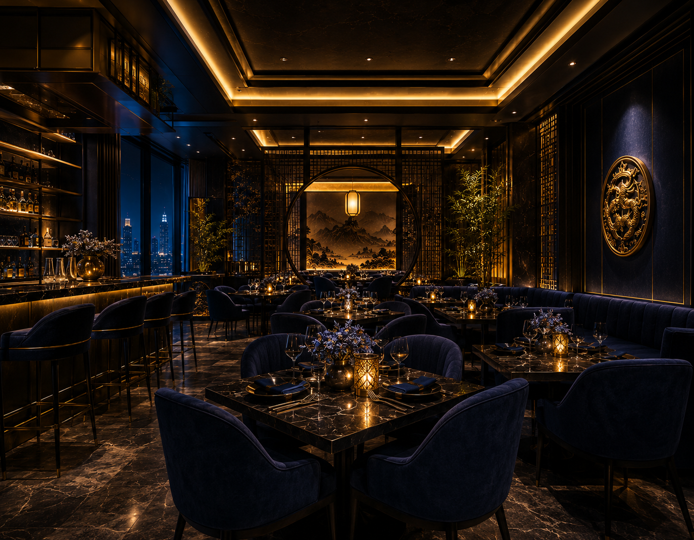 Interior restoran modern dengan pencahayaan hangat di Sizzle Asian Food