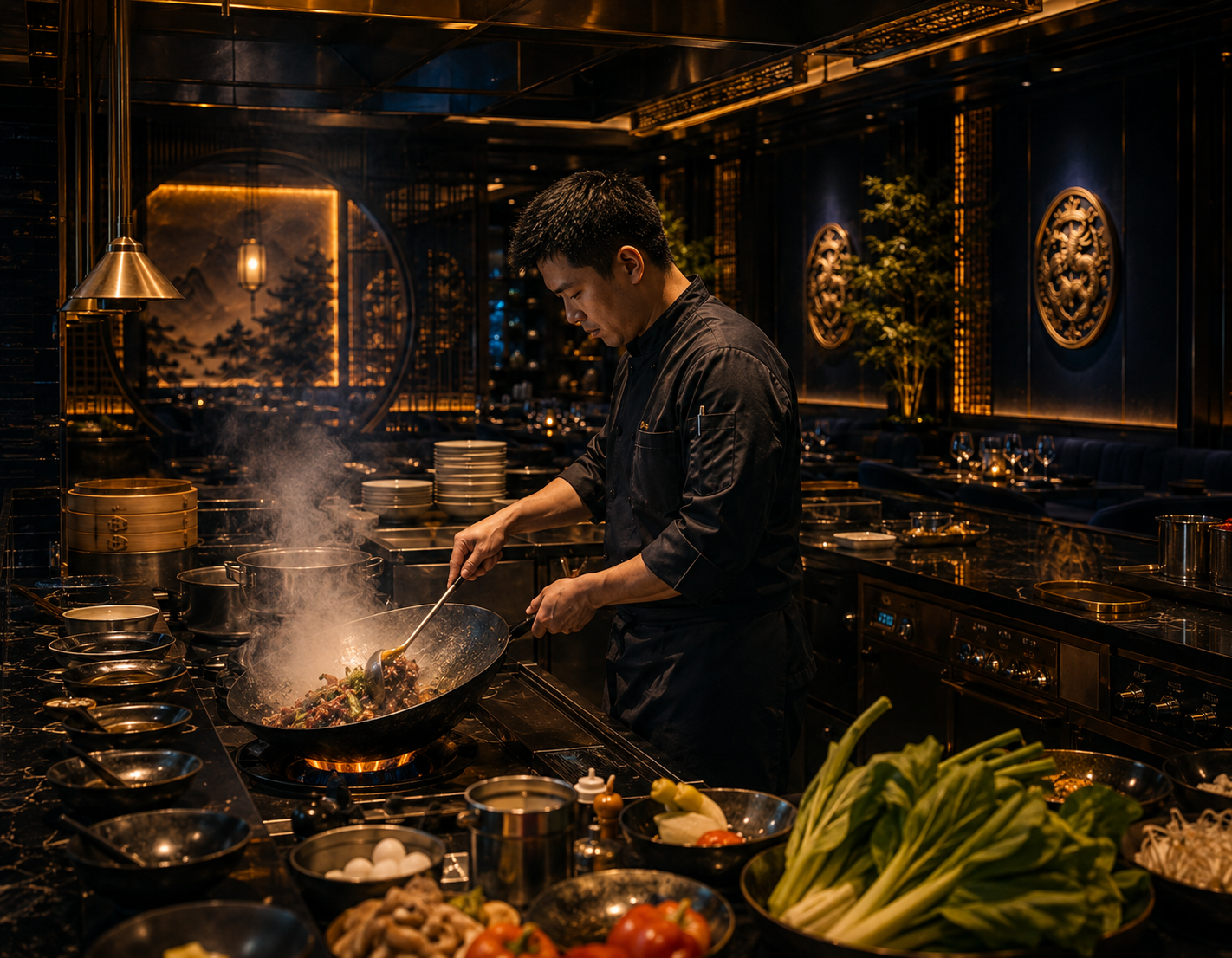 Chef menyiapkan hidangan Asia di dapur terbuka
