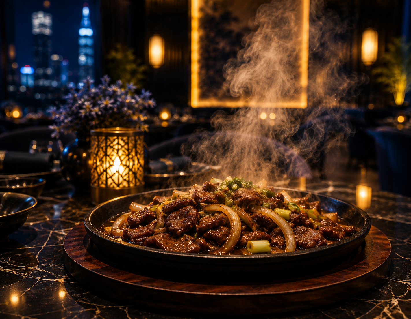 Menu sizzling yang disajikan di atas hot plate panas