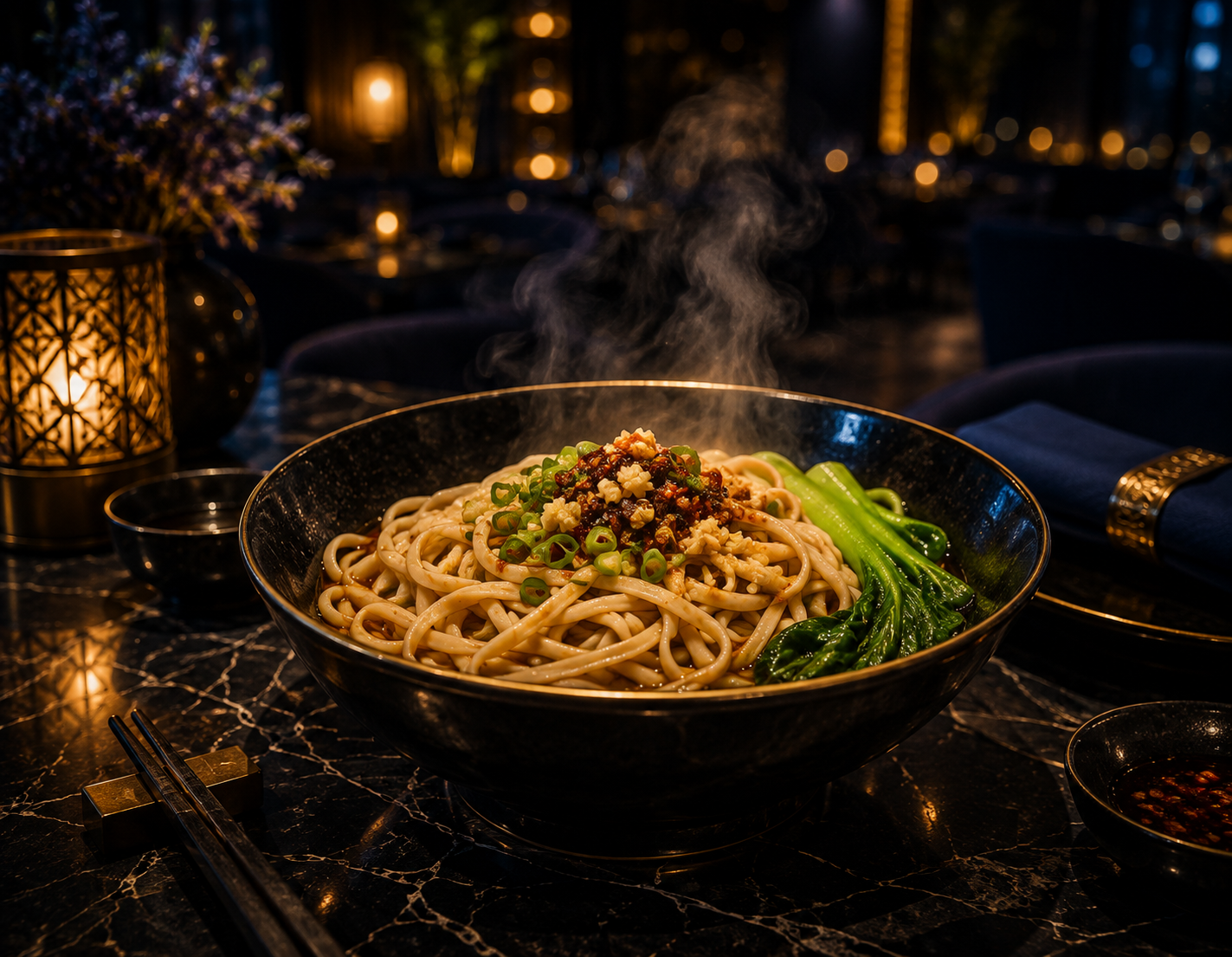 Semangkuk hand-pulled noodles Asia dengan kuah kaldu