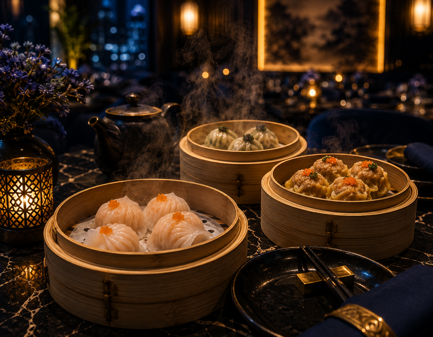 Dim sum yang disajikan dalam keranjang kukusan bambu tradisional