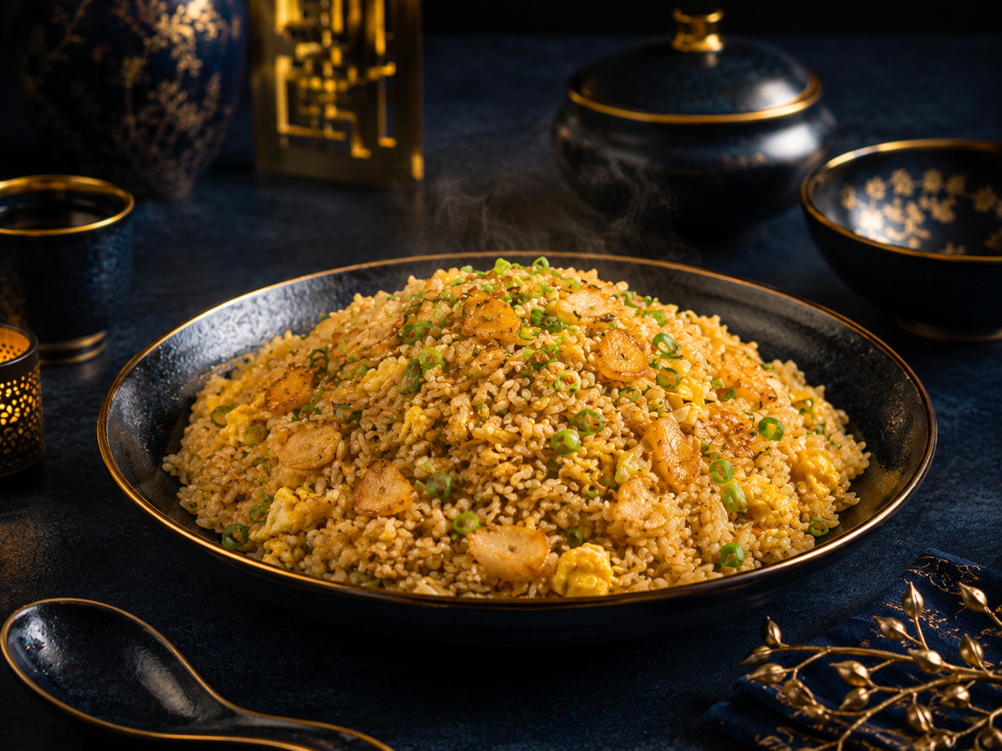 Nasi goreng bawang putih dengan udang dan daun bawang