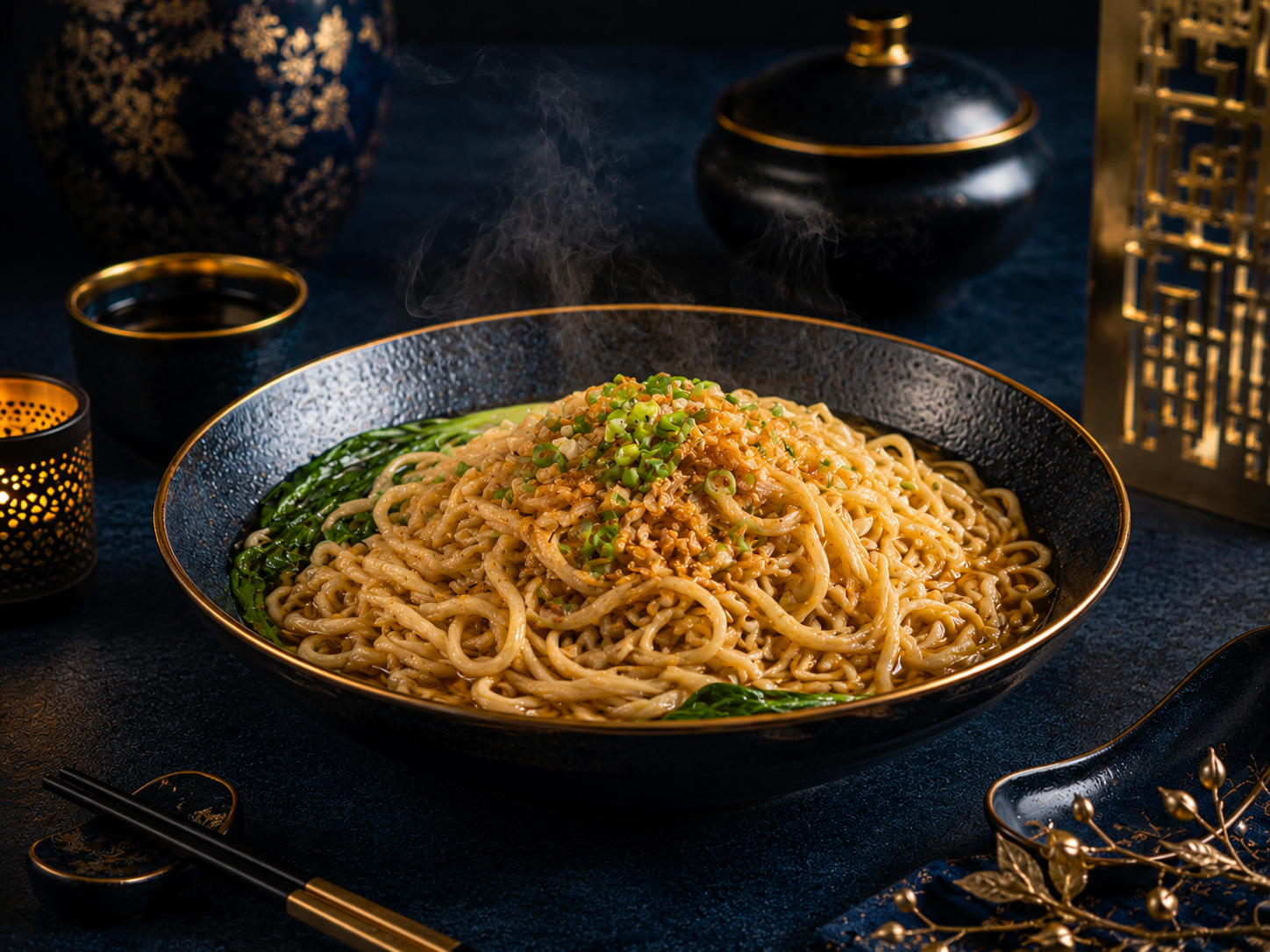 Hand-pulled noodles Asia dengan minyak bawang putih dan sayuran