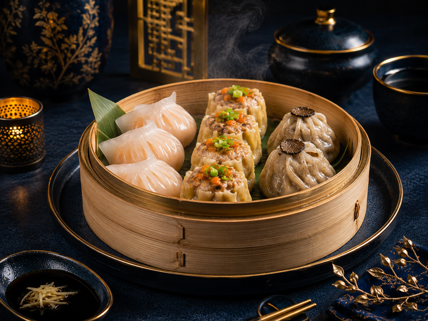 Premium dim sum platter dalam keranjang bambu