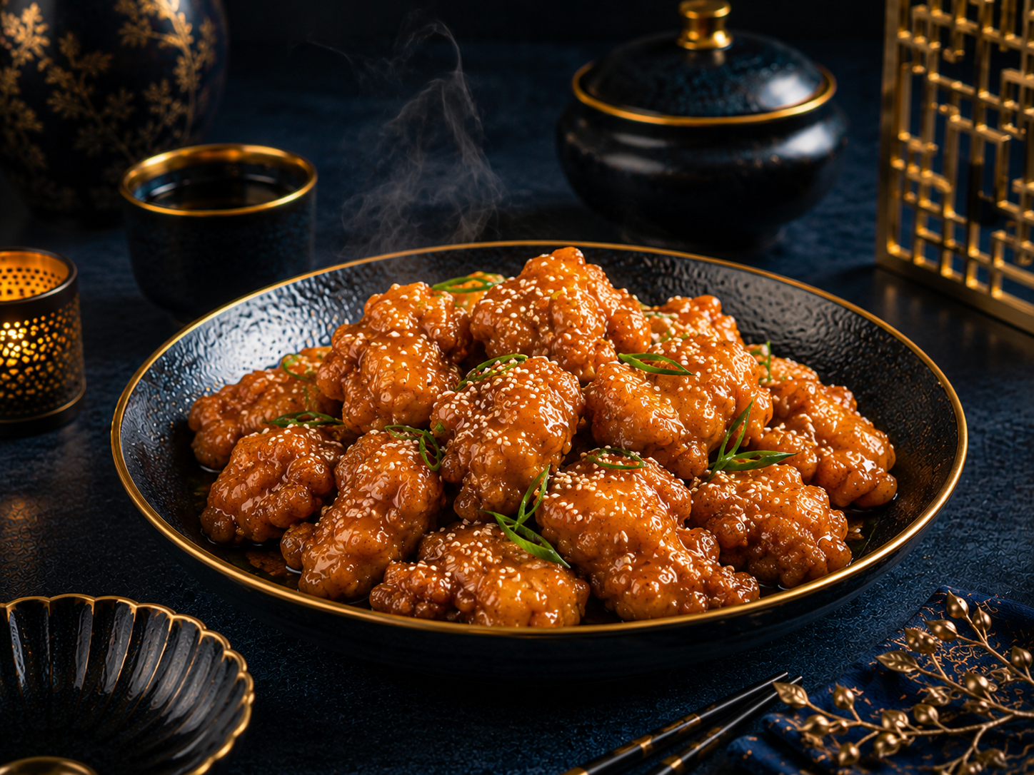 Ayam crispy dengan glaze madu dan wijen sangrai