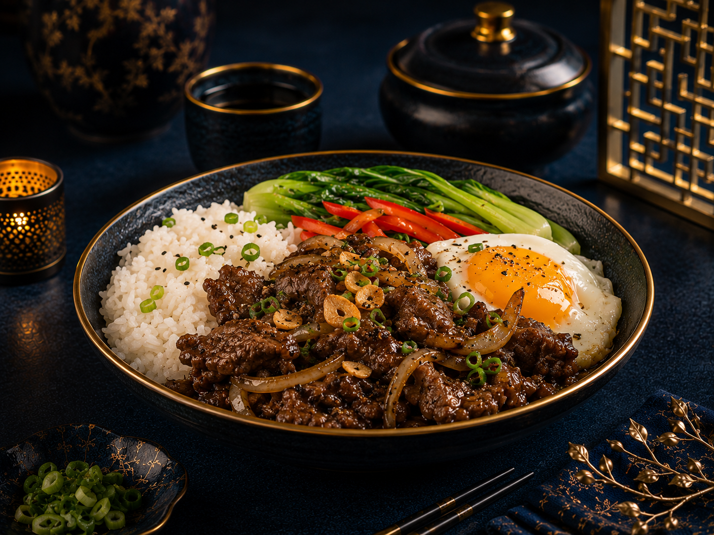 Rice bowl daging sapi lada hitam dengan sayuran