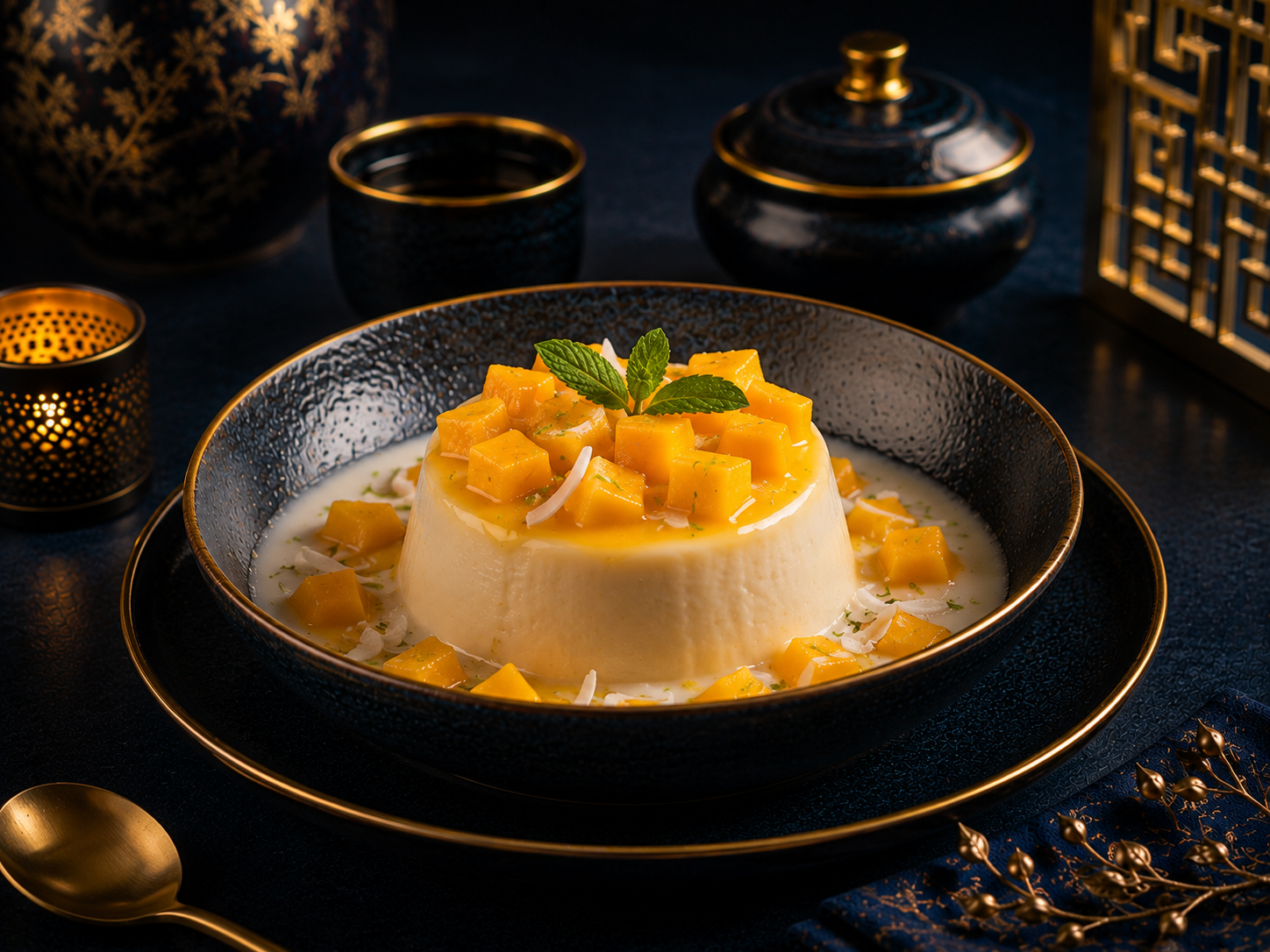 Puding kelapa mangga dengan potongan mangga segar