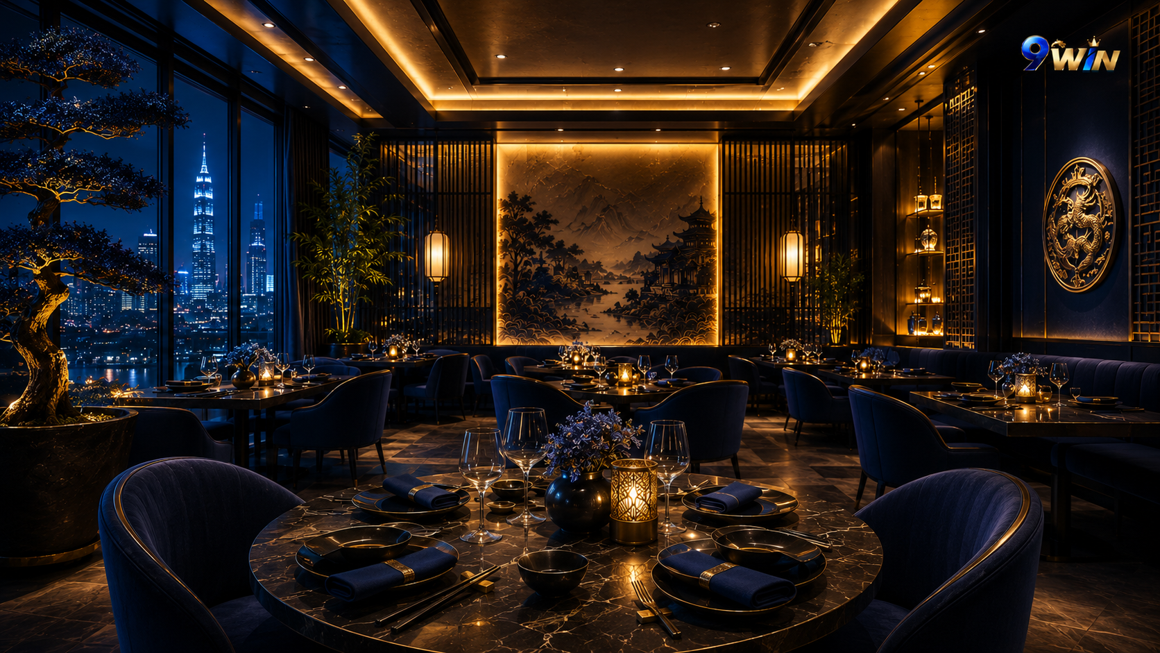 Meja makan elegan berisi aneka hidangan Asia di Sizzle Asian Food